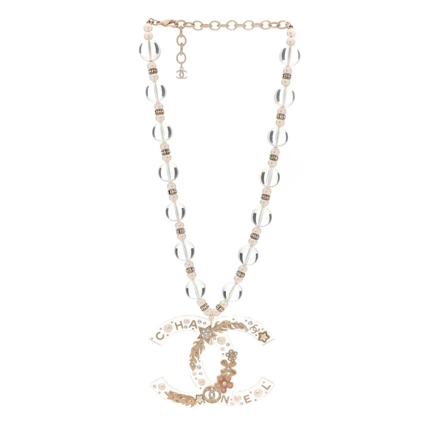 Resin Pearl Crystal Beaded CC Pendant Short Necklace Gold Pink