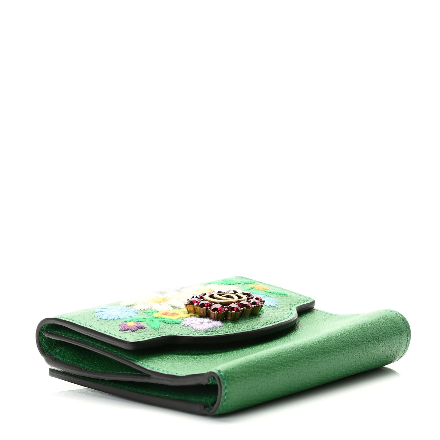 Textured Calfskin Crystal Fiori Floral Embroidered GG Wallet Grass Green