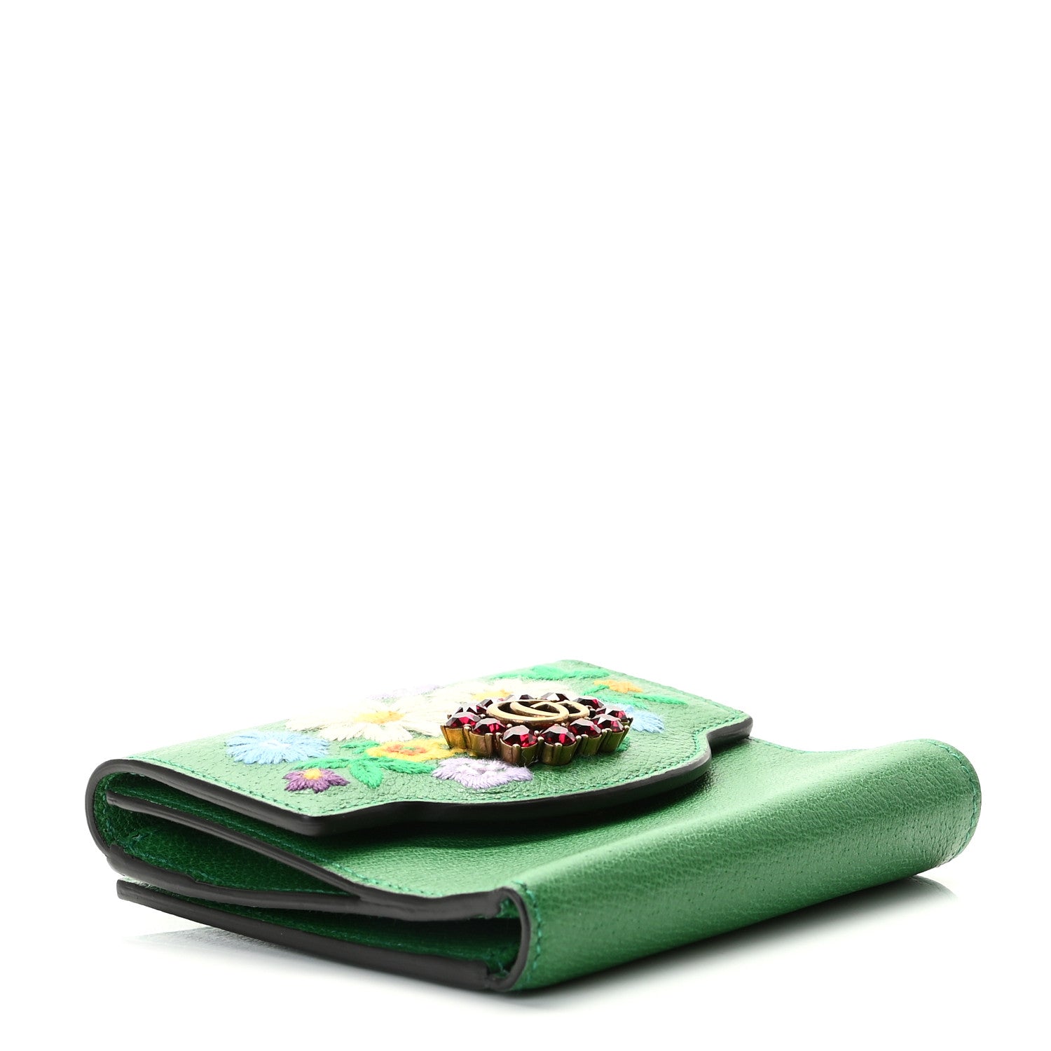 Gucci Textured Calfskin Crystal Fiori Floral Embroidered GG Wallet Grass Green 4 of 9