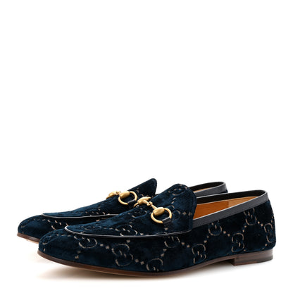Gucci Velvet GG Monogram Horsebit Mens Jordaan Loafers 9 Blue Beige 3 of 9