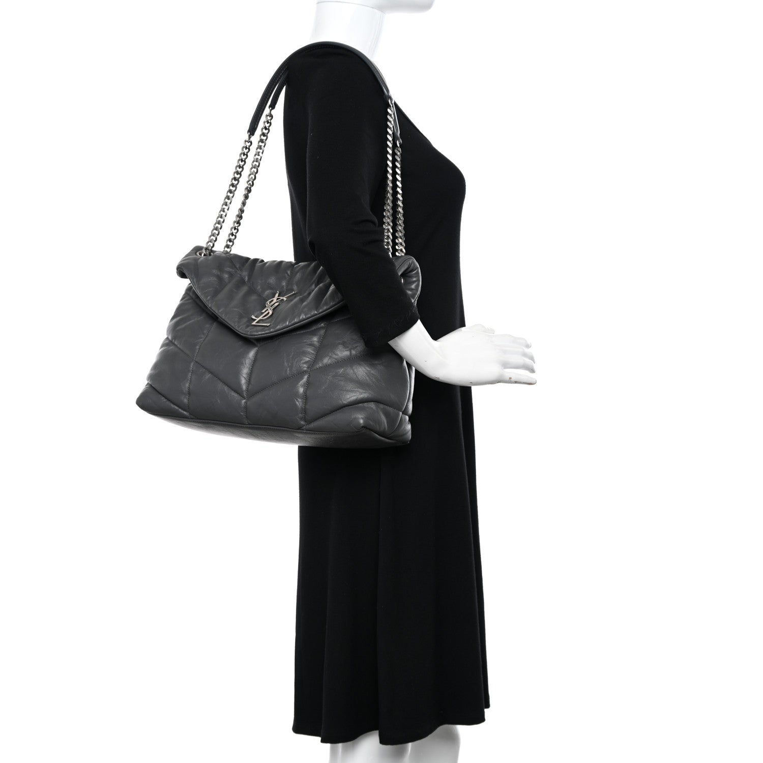Saint Laurent Calfskin Quilted Medium Loulou Puffer Monogram Chain Satchel Storm 2 of 10