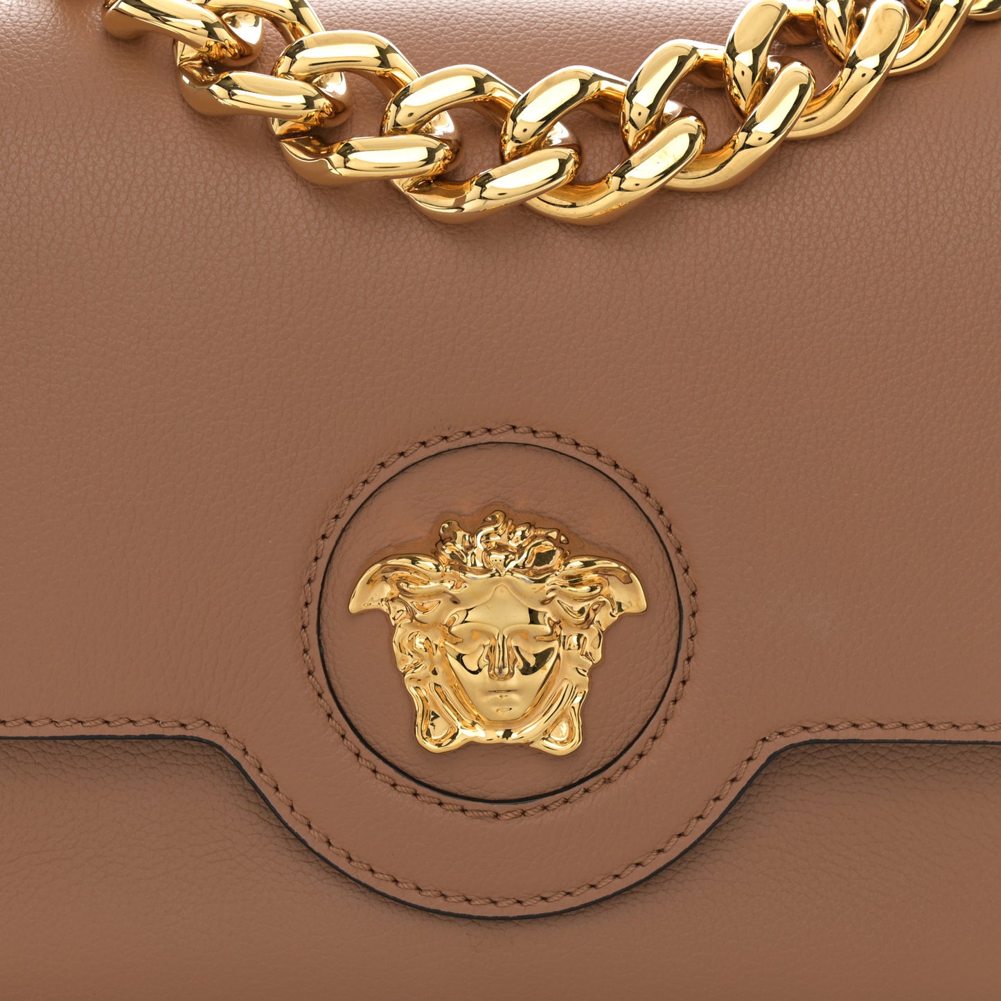Grained Calfskin La Medusa Chain Clutch Bag Brown