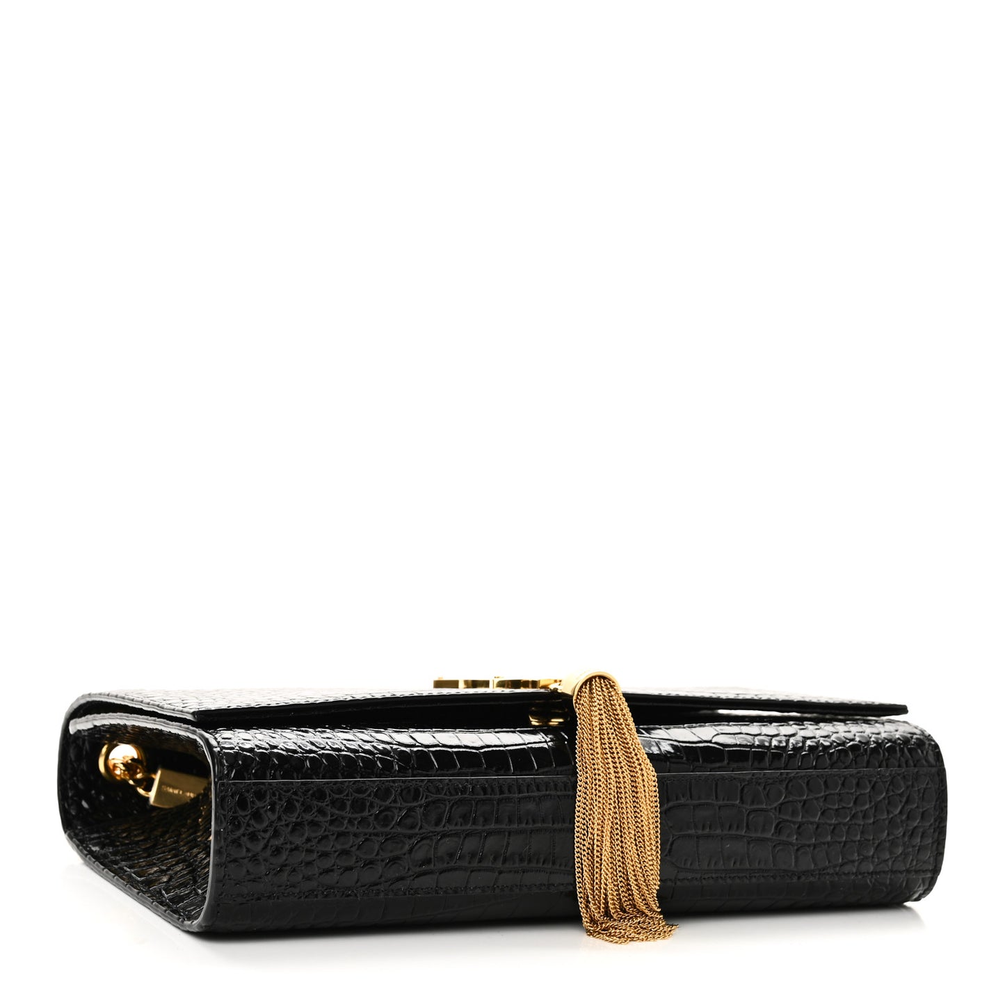 Calfskin Crocodile Embossed Medium Classic Monogram Kate Tassel Satchel Black