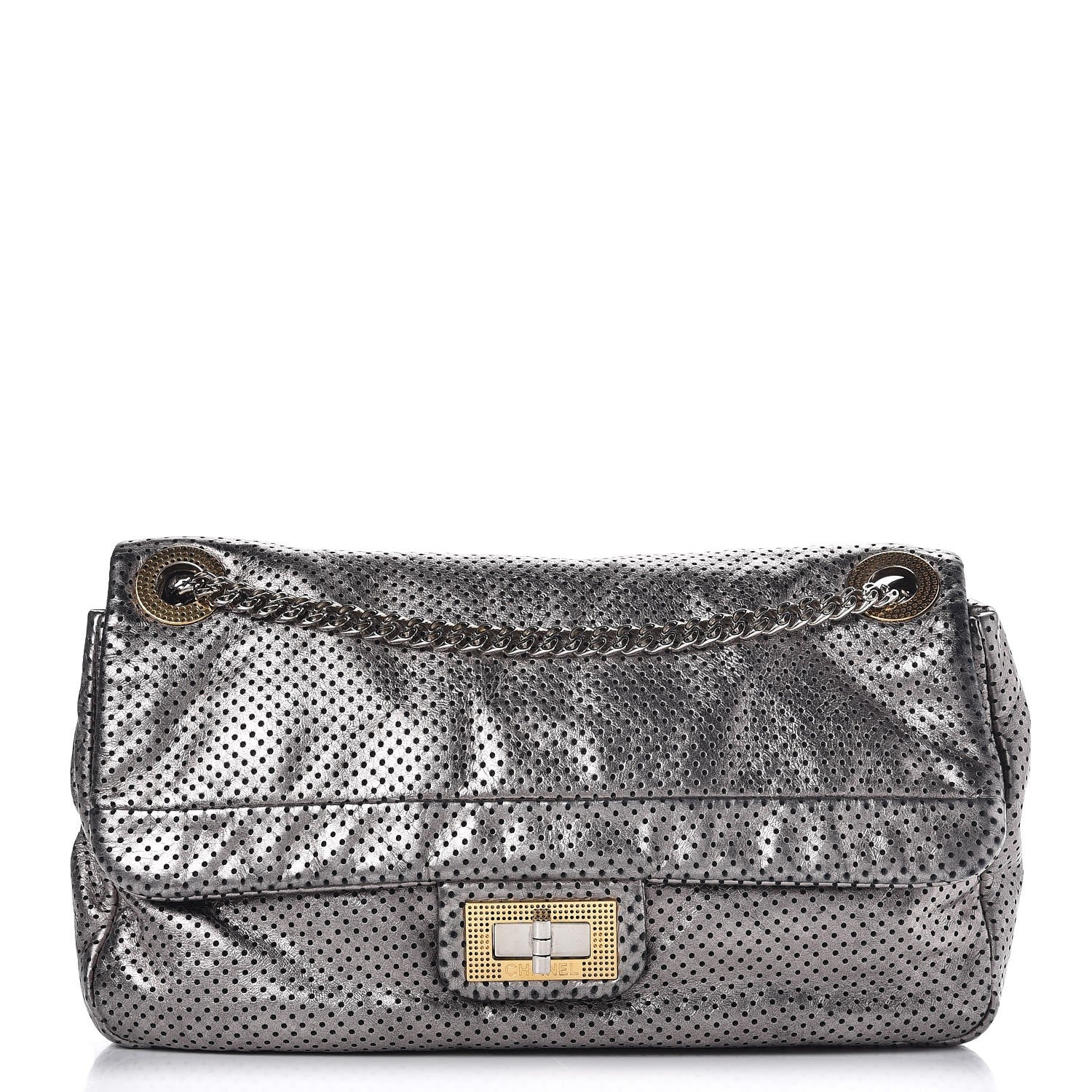 Chanel Metallic Crackled Calfskin Perforated Large Drill Flap Silver 1 of 8