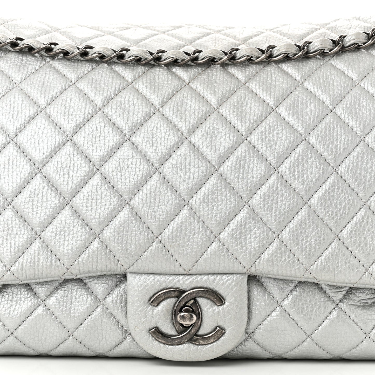 Metallic Calfskin Quilted XXL Travel Flap Bag Silver