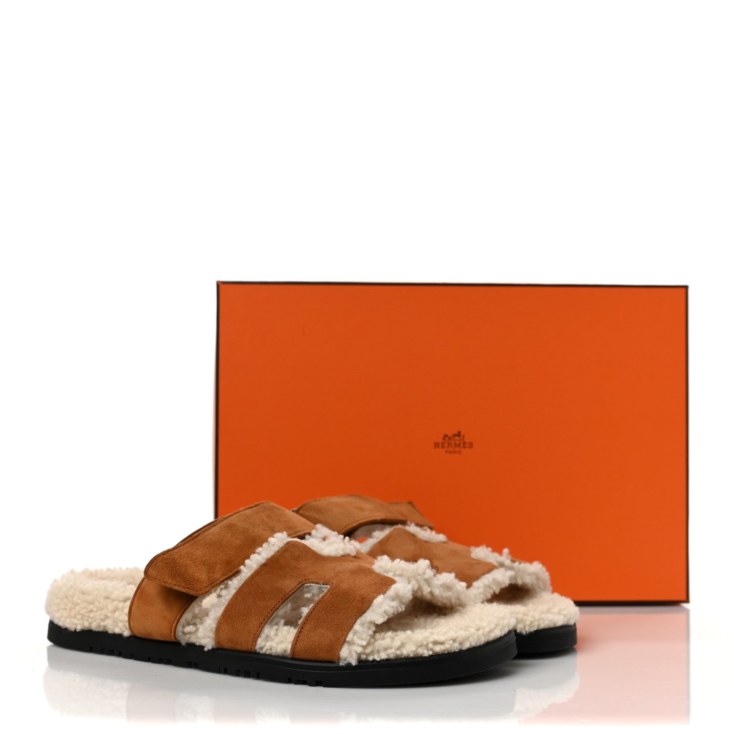 Hermes Suede Goatskin Woolskin Womens Chypre Sandals 37.5 Brun Fume Ecru 7 of 8