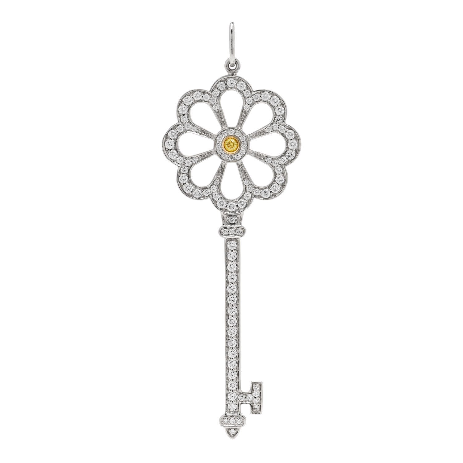 Tiffany Platinum 18K Yellow Gold Yellow Diamond Bloom Key Pendant 1 of 5