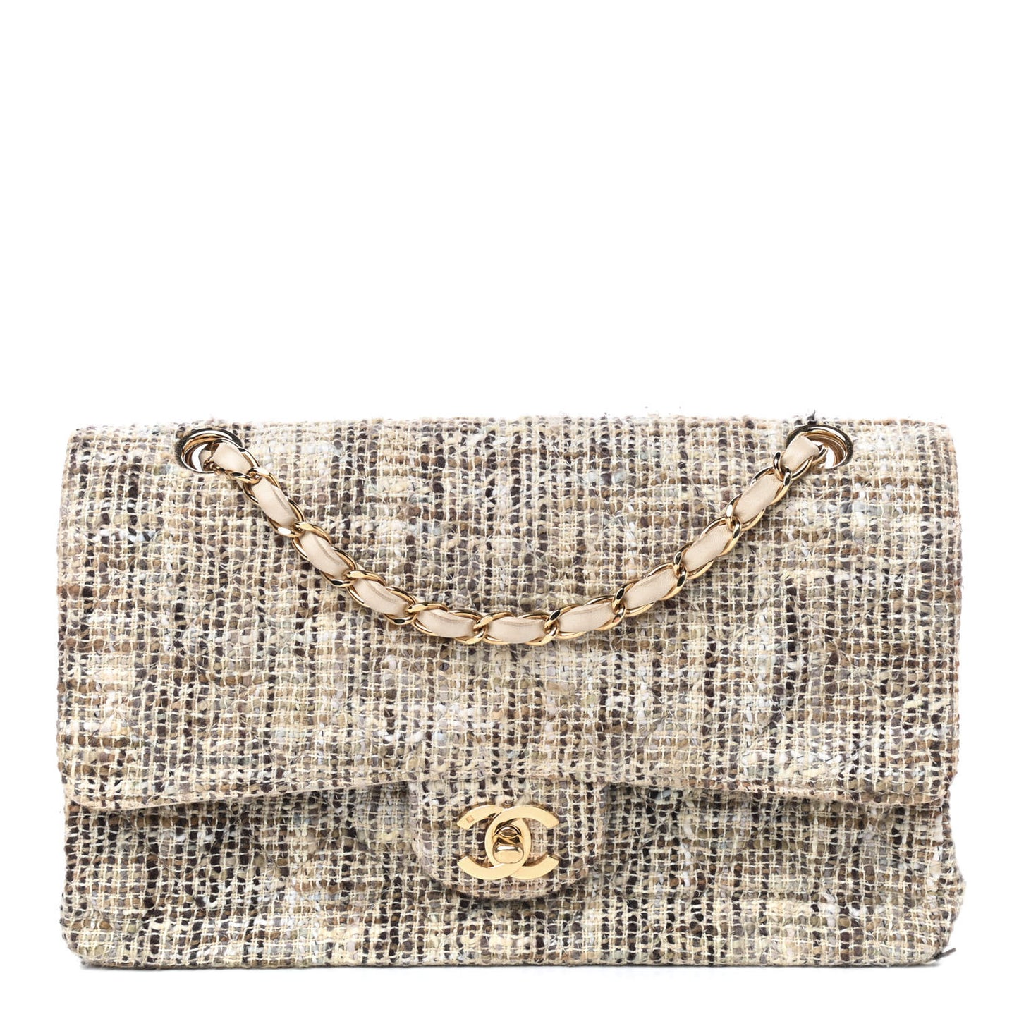 Tweed Quilted Medium Double Flap Beige Brown Multicolor