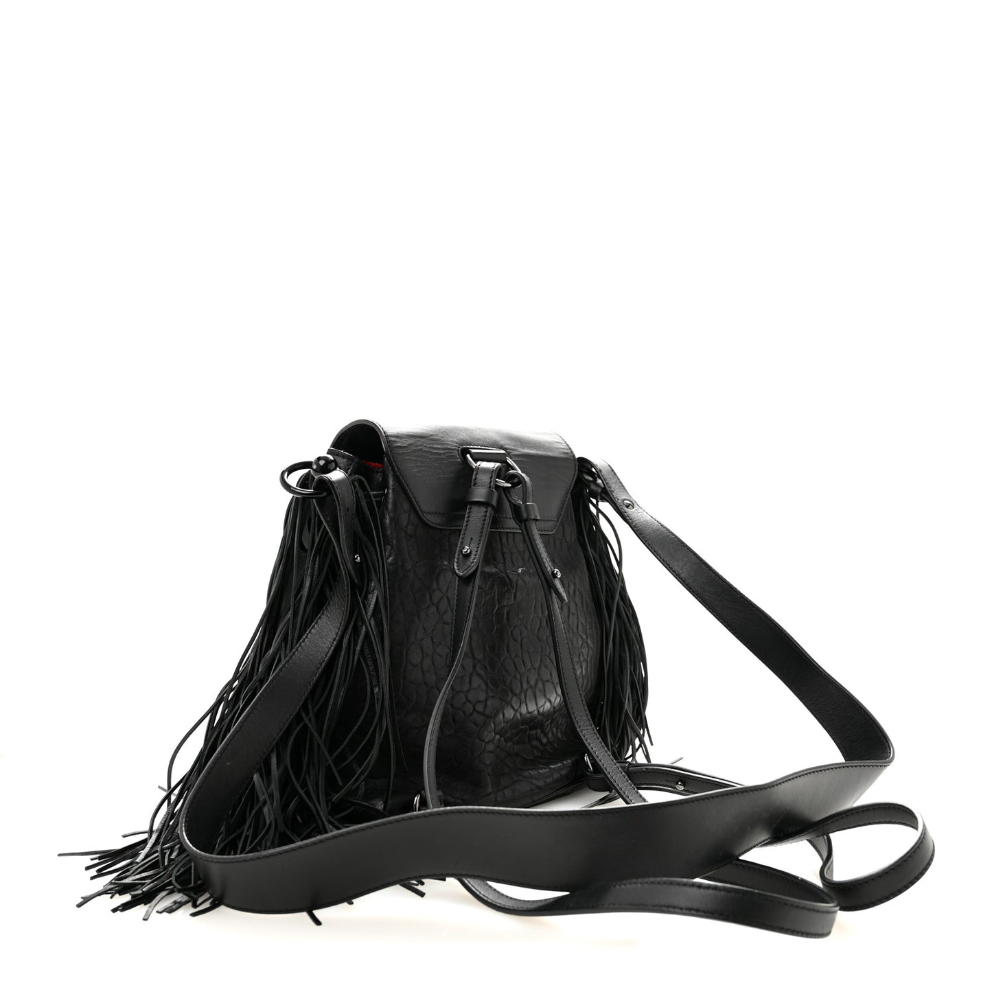 Pebbled Calfskin Fringe Lucky L Convertible Backpack Black