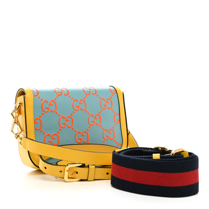 Gucci Azalea Calfskin GG Monogram Bi-Color Debossed Mini Horsebit 1955 Shoulder Bag Dusty Azure Stone Topaz Deep Orange 3 of 11
