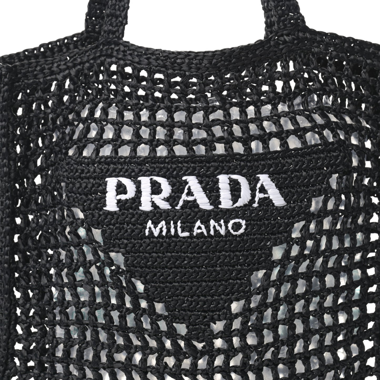 Yarn Raffia Effect Crochet Logo Embroidered Tote Bag Black