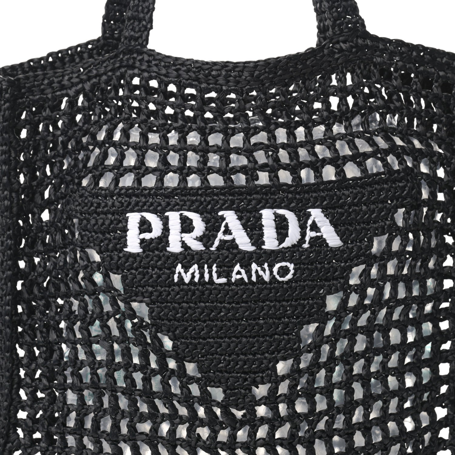Prada Yarn Raffia Effect Crochet Logo Embroidered Tote Bag Black 8 of 10
