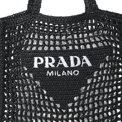 Prada Yarn Raffia Effect Crochet Logo Embroidered Tote Bag Black 8 of 10