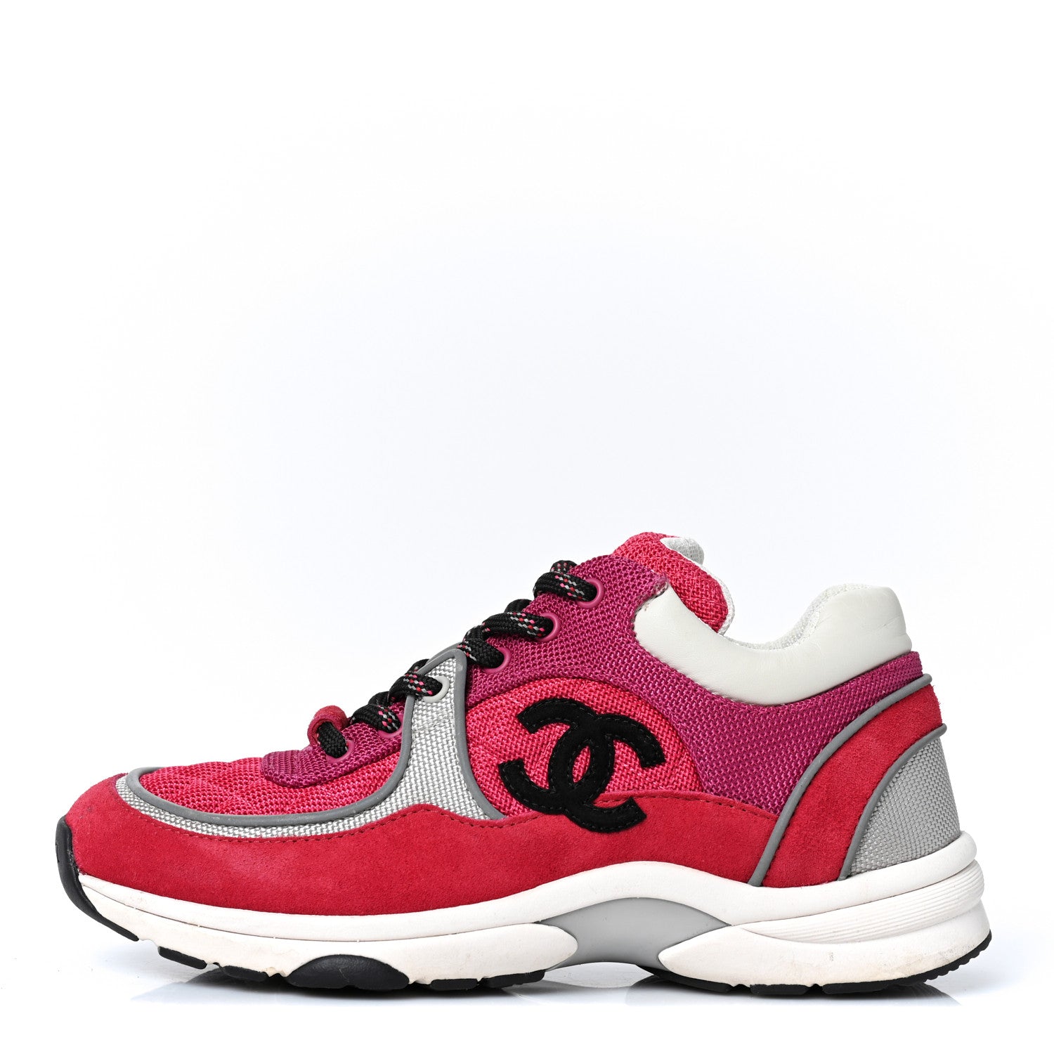 Chanel Mesh Suede Calfskin Grained Calfskin Womens CC Sneakers 37 Dark Pink Silver 1 of 9