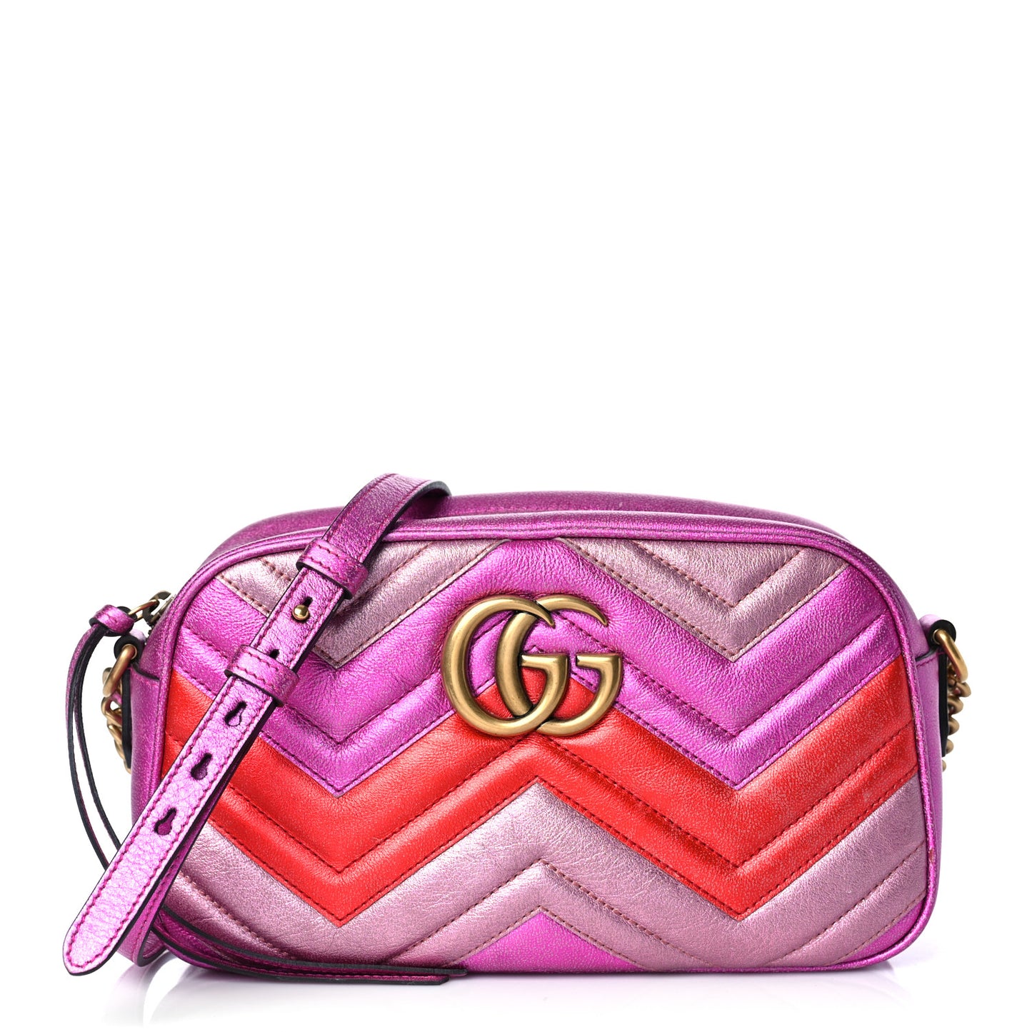 Laminated Nappa Matelasse Small GG Marmont Chain Shoulder Bag Fuxia Rosso Rosa