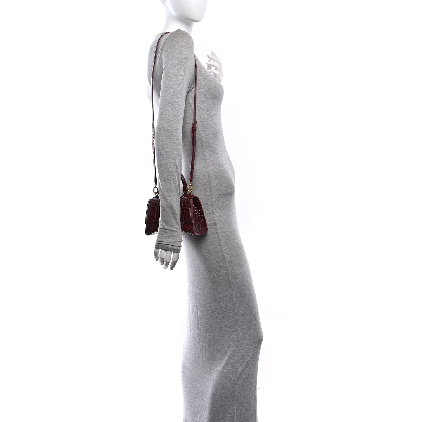 Shiny Calfskin Crocodile Embossed Hourglass Top Handle Bag XS Dark Red