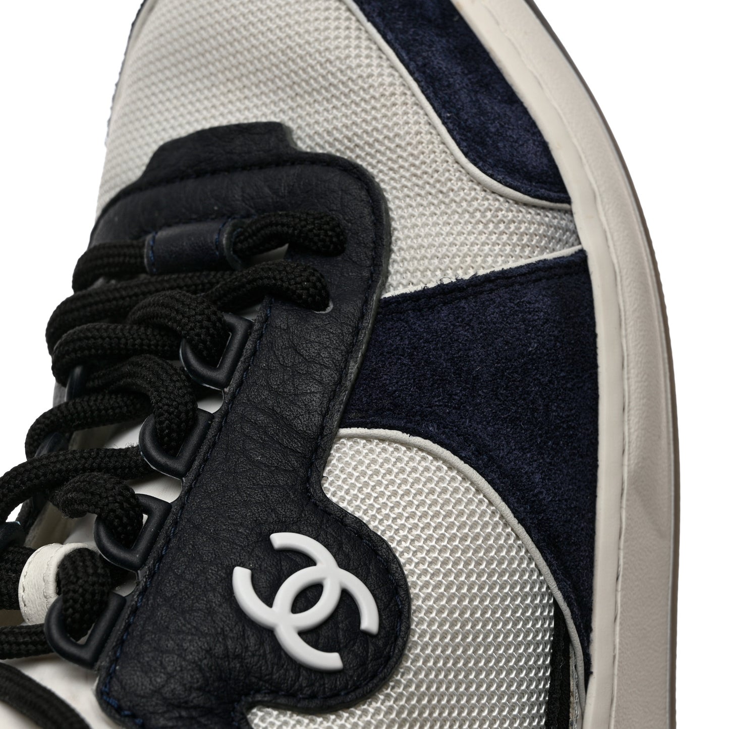 Suede Fabric Grained Calfskin Womens CC High Top Sneakers 39 White Navy