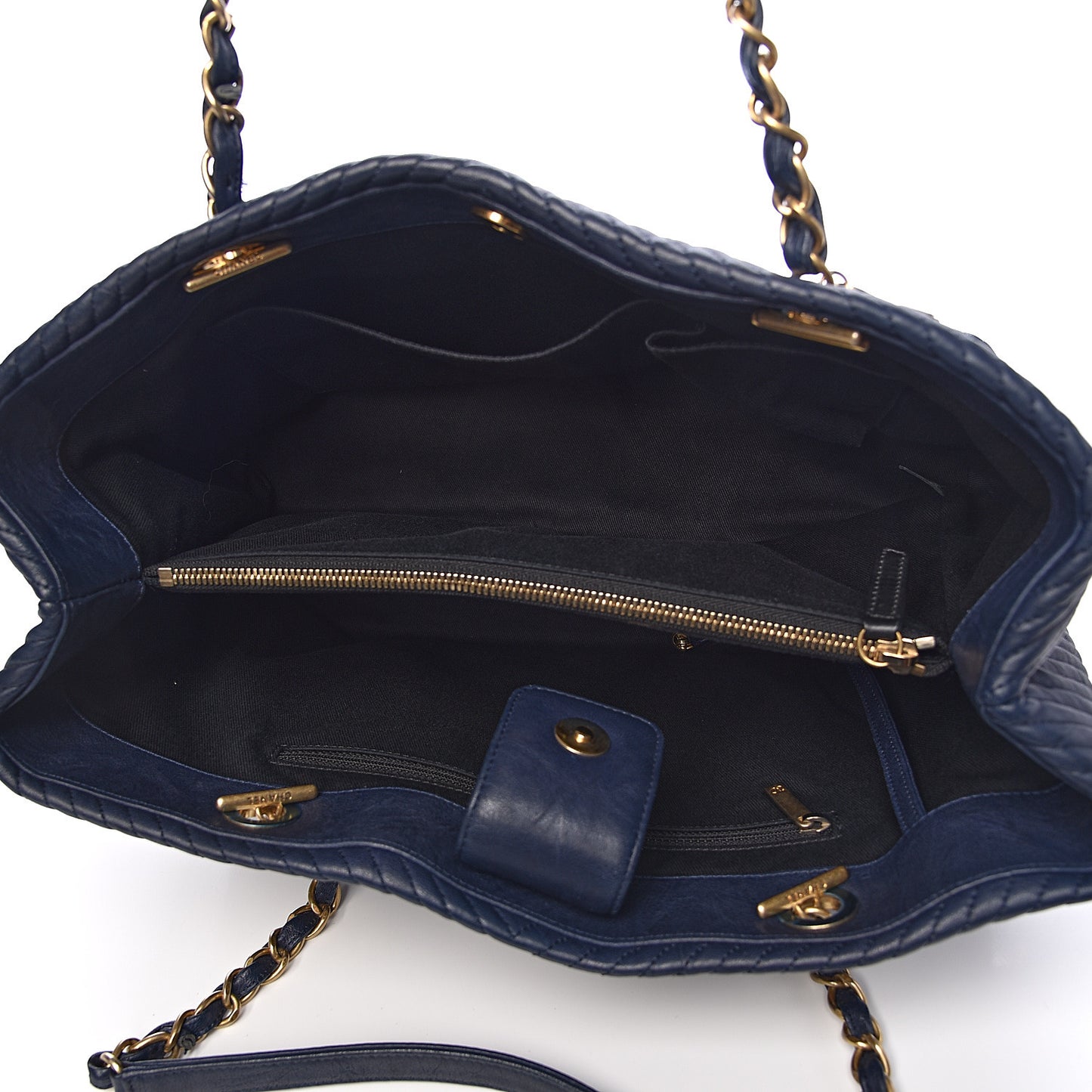 Wrinkled Lambskin Chevron Quilted Large Surpique Tote Navy Blue