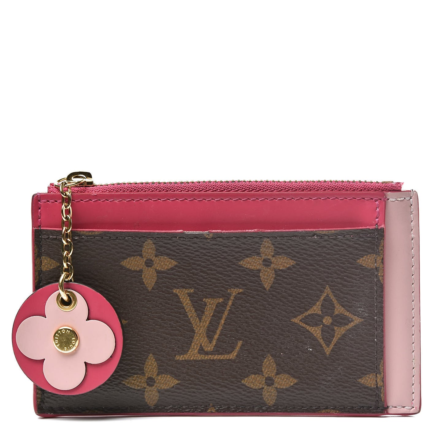 Monogram Blooming Flowers Zipped Card Holder Hot Pink Rose Ballerine