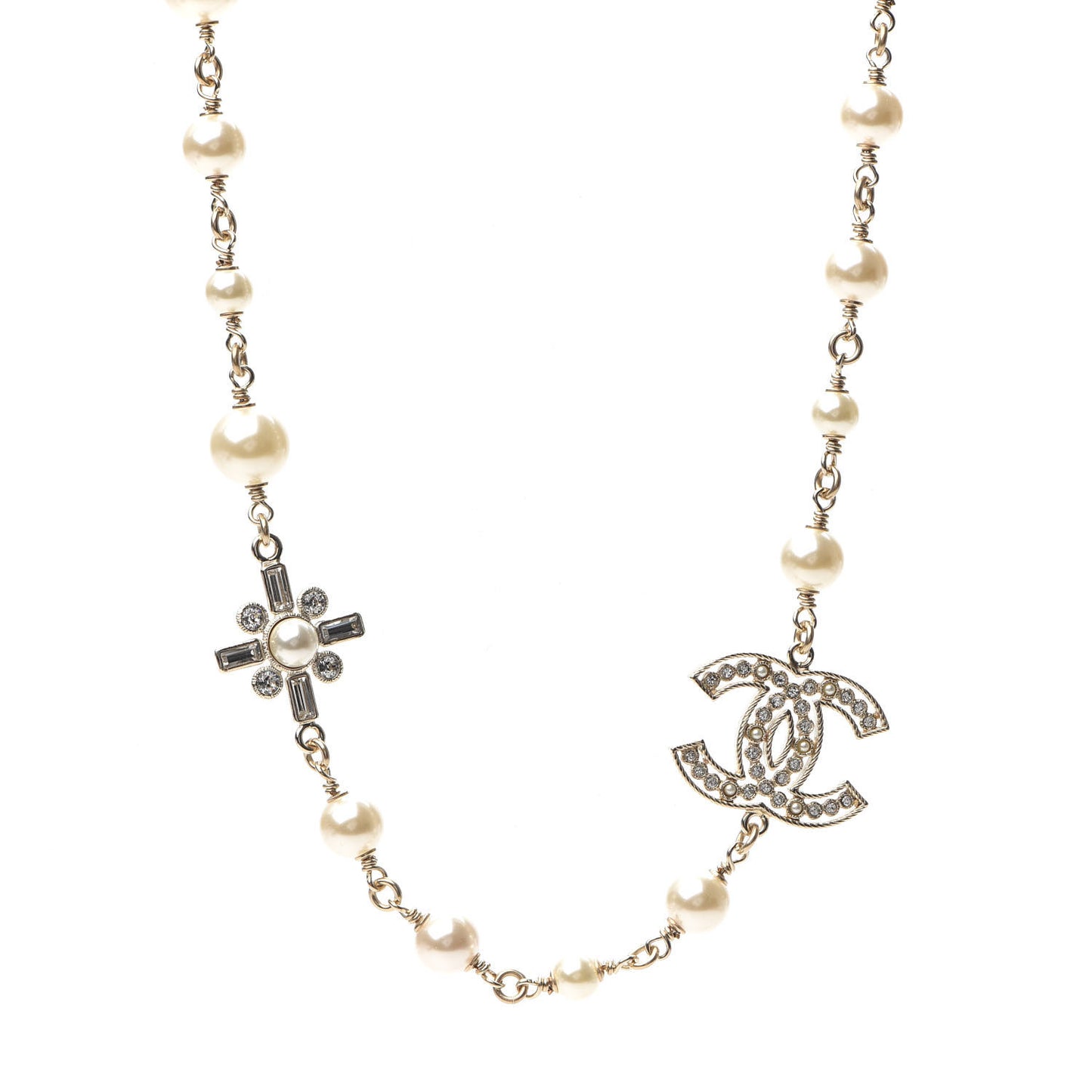 Crystal Baguette Pearl CC Cross Necklace Gold