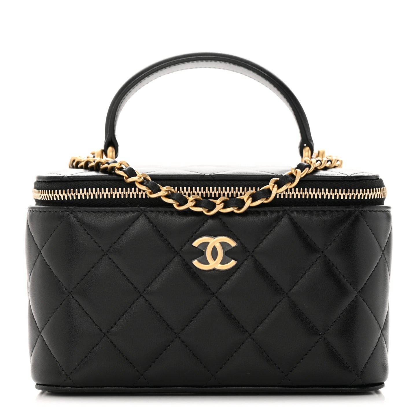 Lambskin Quilted Small Top Handle Vanity Case With Chain Black