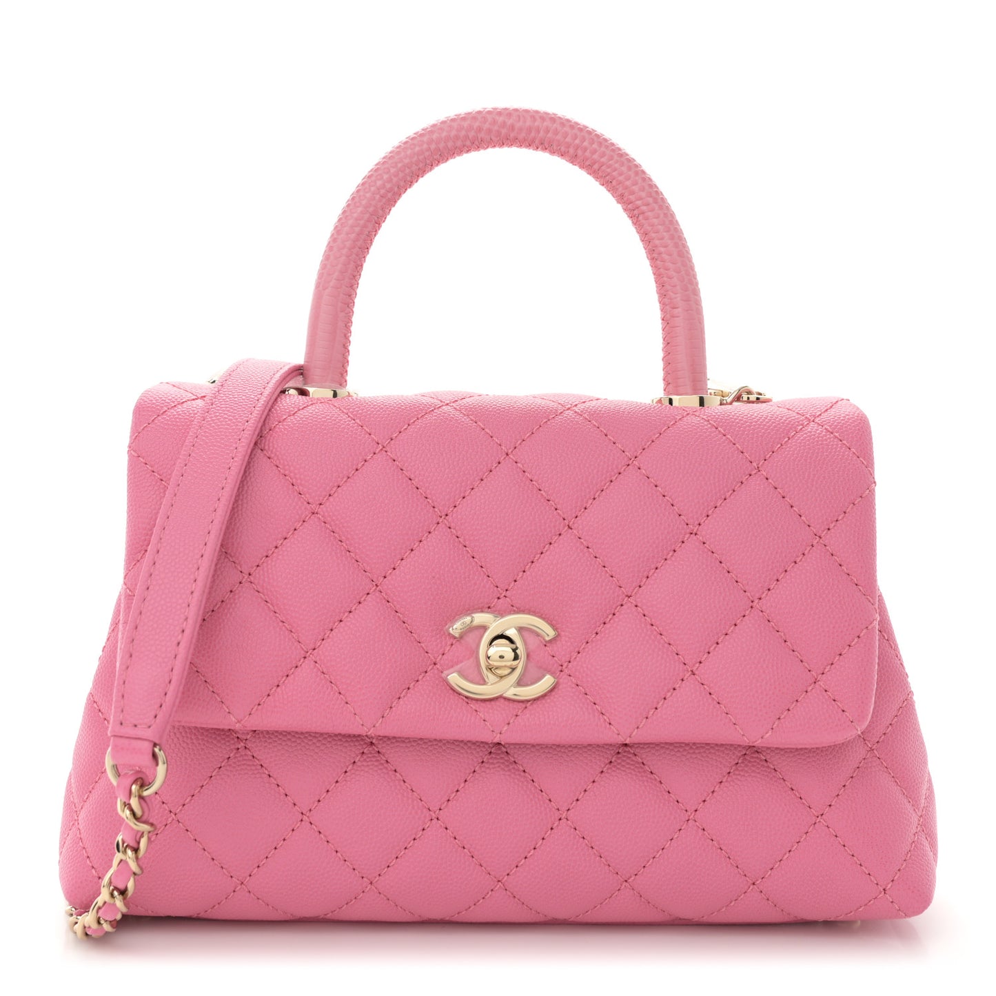 Caviar Lizard Embossed Quilted Mini Coco Handle Flap Pink