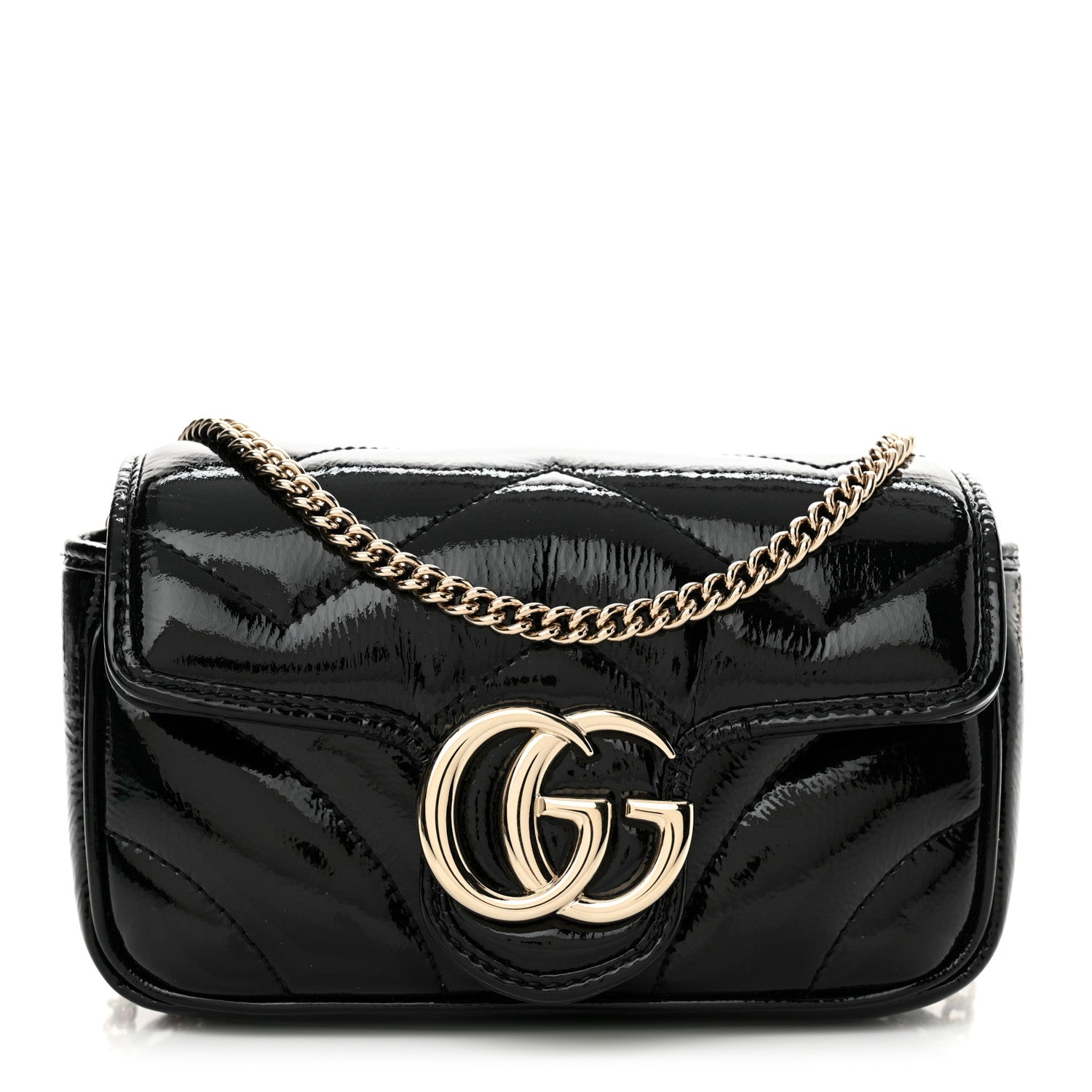 Gucci Patent Lambskin Matelasse Super Mini GG Marmont Shoulder Bag Black 1 of 11