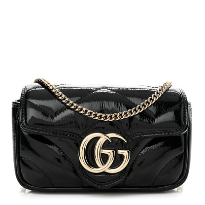 Gucci Patent Lambskin Matelasse Super Mini GG Marmont Shoulder Bag Black 1 of 11