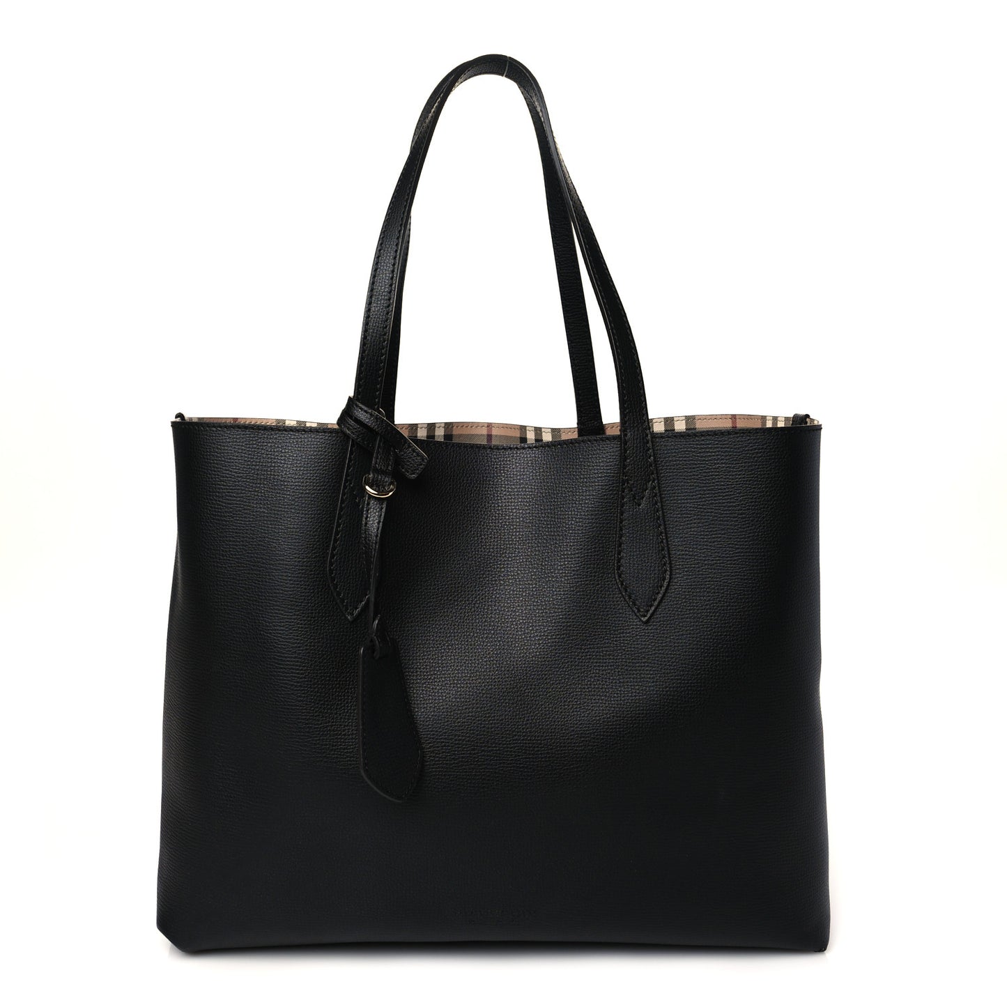 Grainy Calfskin Haymarket Check Small Reversible Tote Black