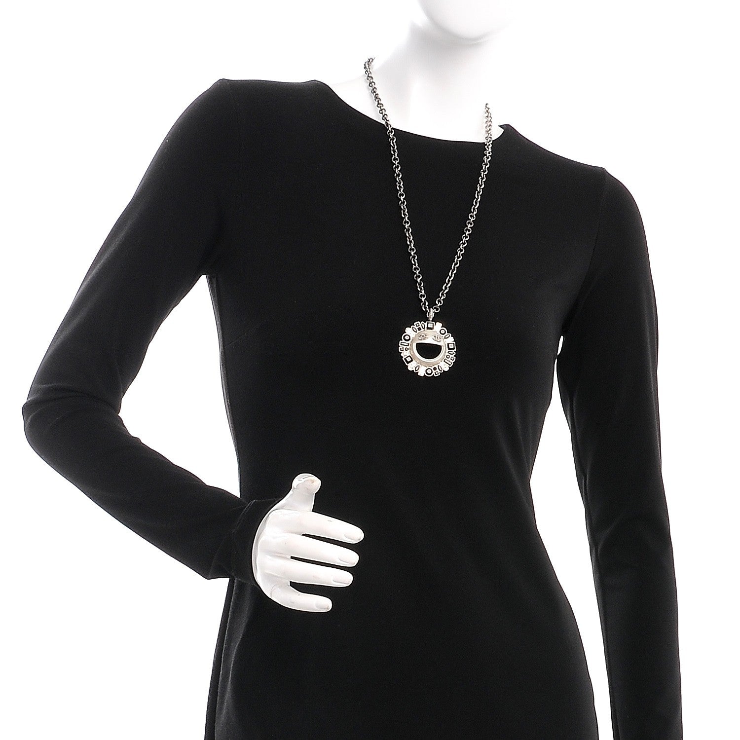 Chanel Crystal CC Smiley Emoji Pendant Necklace Silver Black 2 of 6