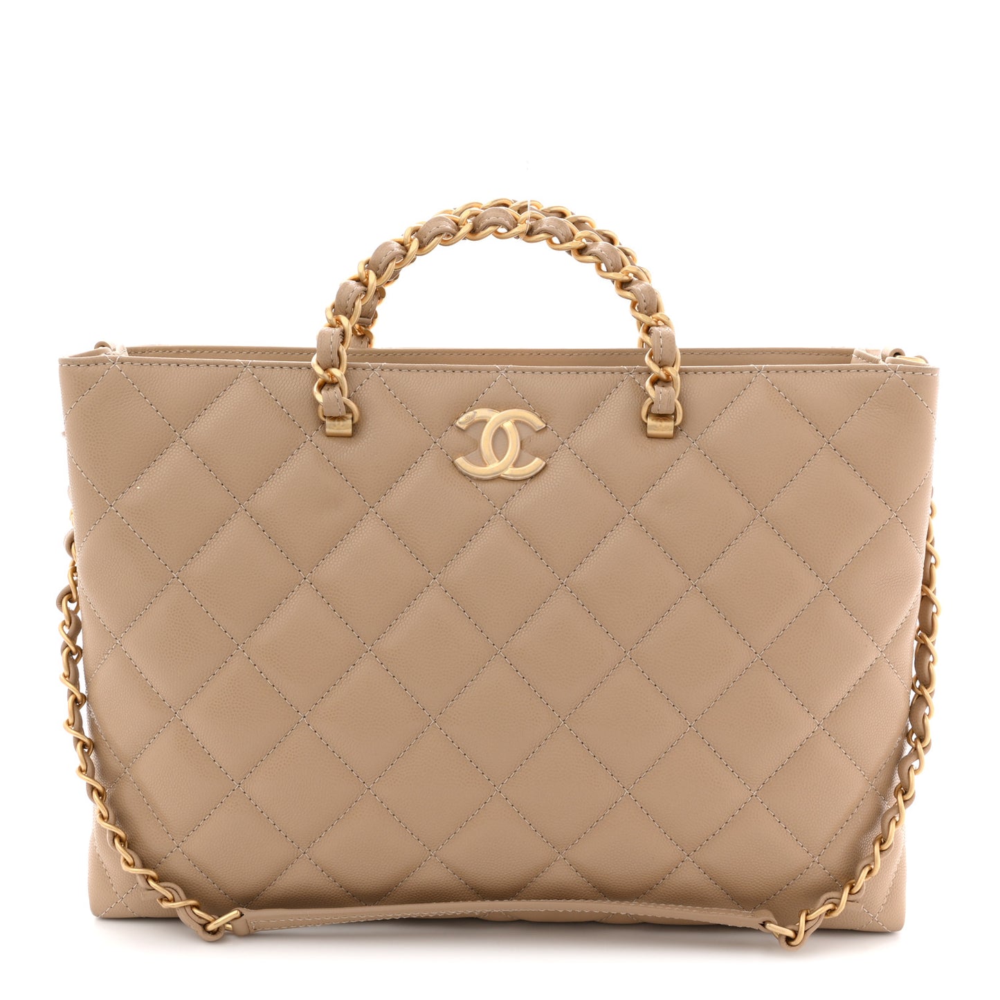 Shiny Caviar Quilted Chain Handle Shopping Tote Beige