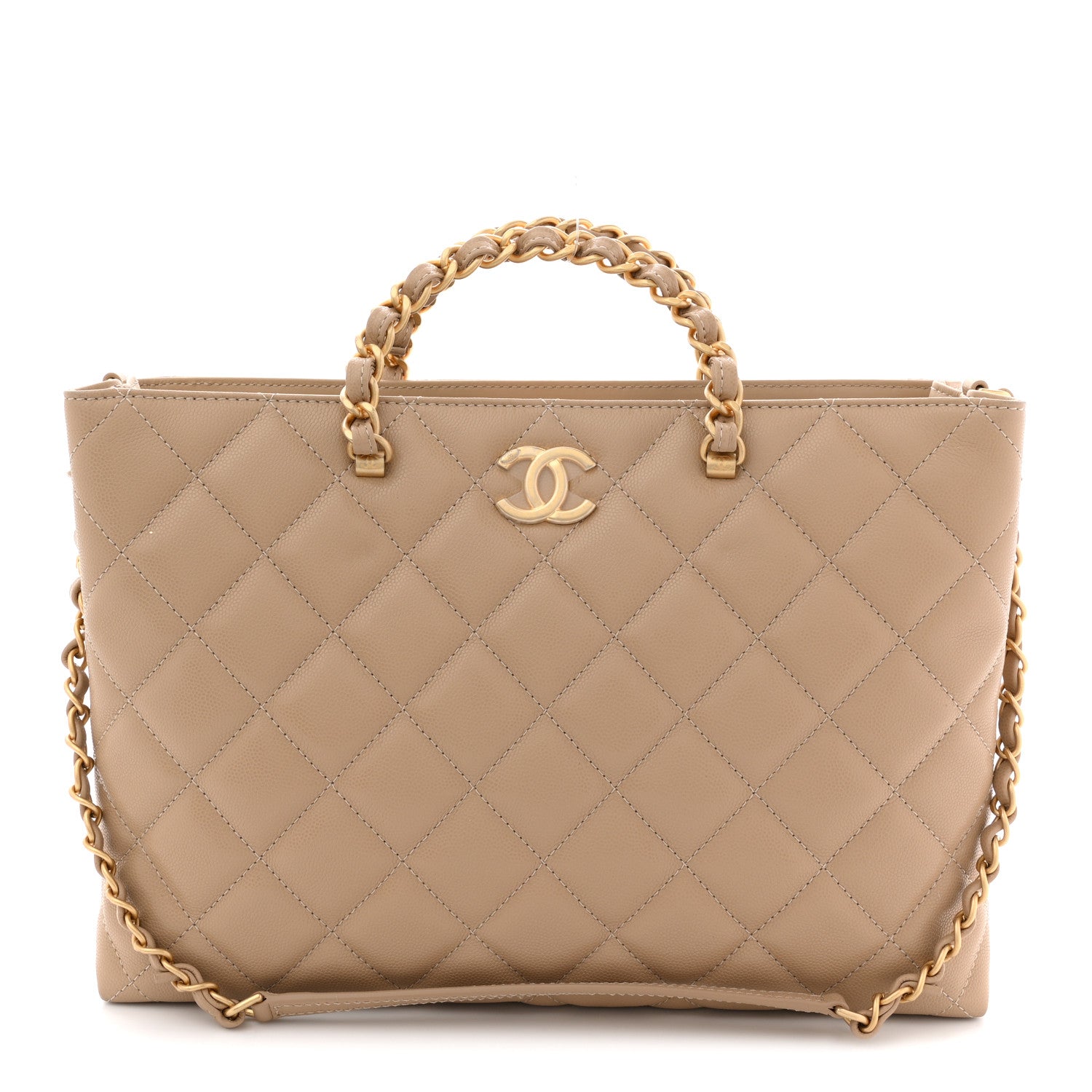 Chanel Shiny Caviar Quilted Chain Handle Shopping Tote Beige 1 of 12