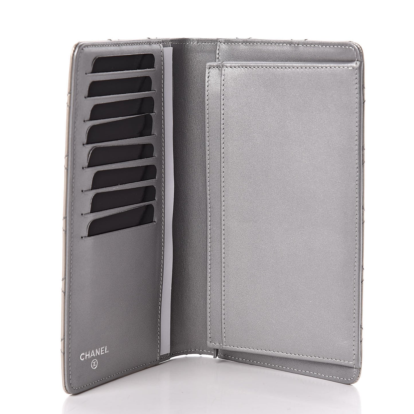 Metallic Aged Calfskin Stitched Reissue Yen Wallet Silver