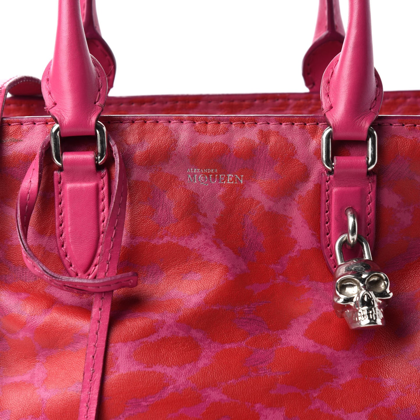 Calfskin Leopard Print Small Skull Padlock Zip Around Tote Pink