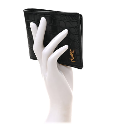 Saint Laurent Calfskin Crocodile Embossed Tiny Cassandre East West Wallet Black 2 of 6