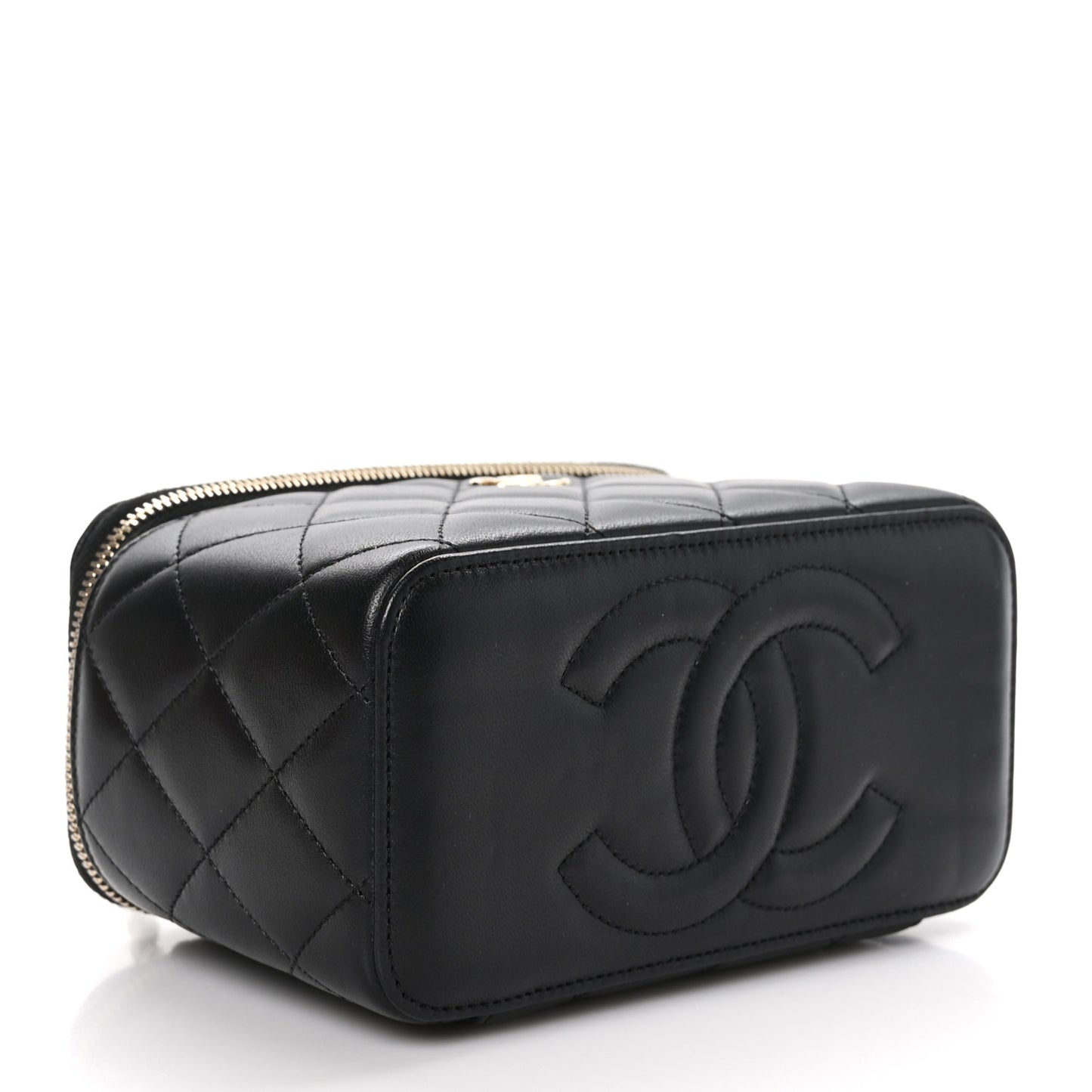 Lambskin Quilted Small Top Handle Vanity Case With Chain Black
