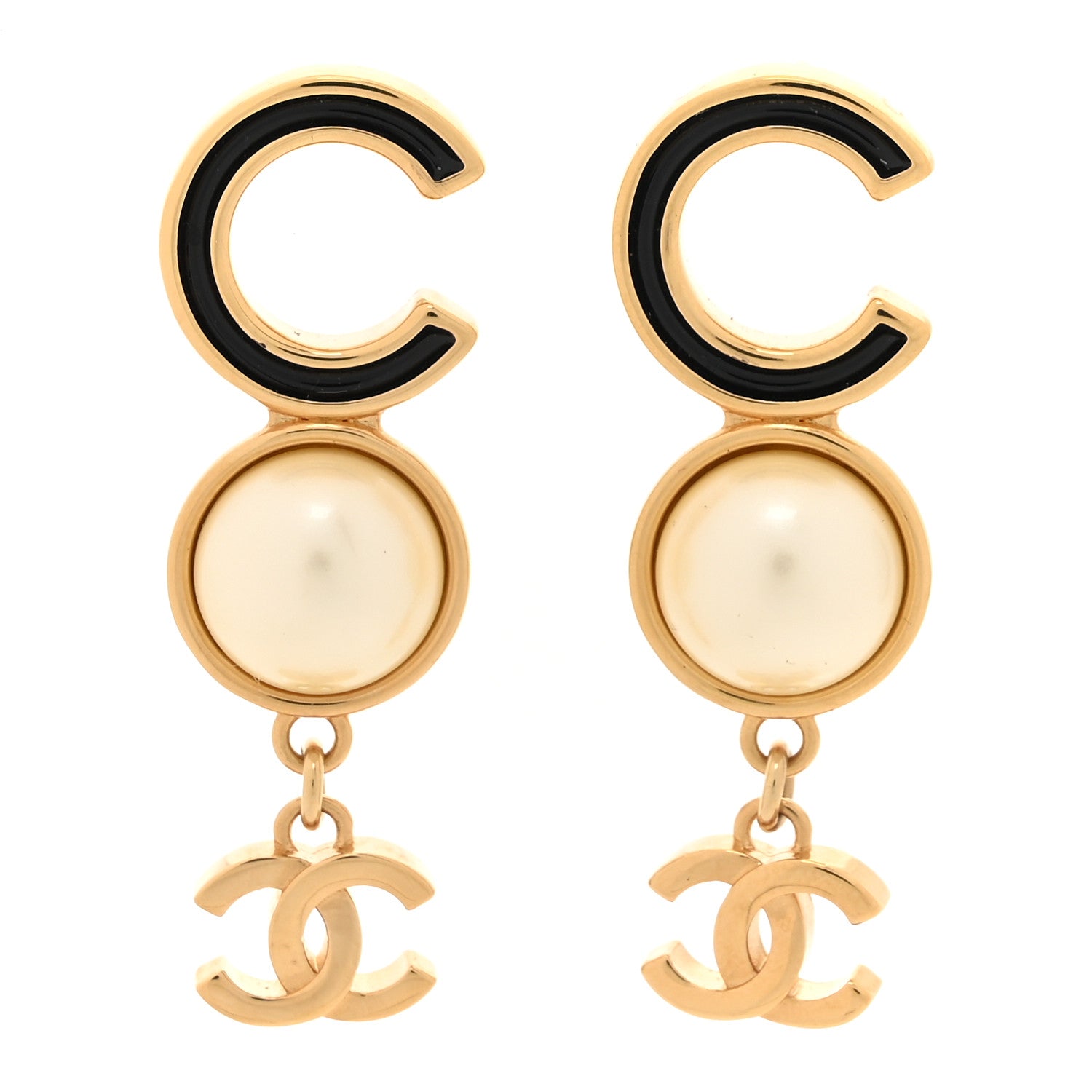 Chanel Enamel Pearl CC Drop Earrings Gold Black 1 of 5