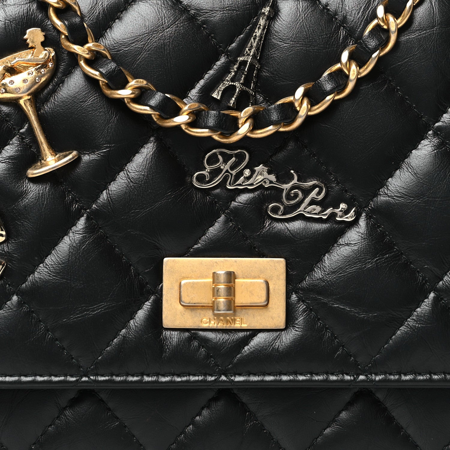 Chanel Aged Calfskin Quilted Lucky Charms 2.55 Reissue Wallet On Chain WOC Black 9 of 12