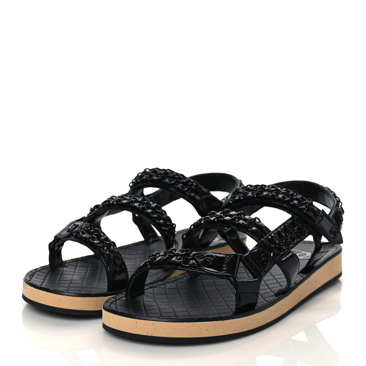 Laminated Goatskin Chain Sandals 40.5 Black
