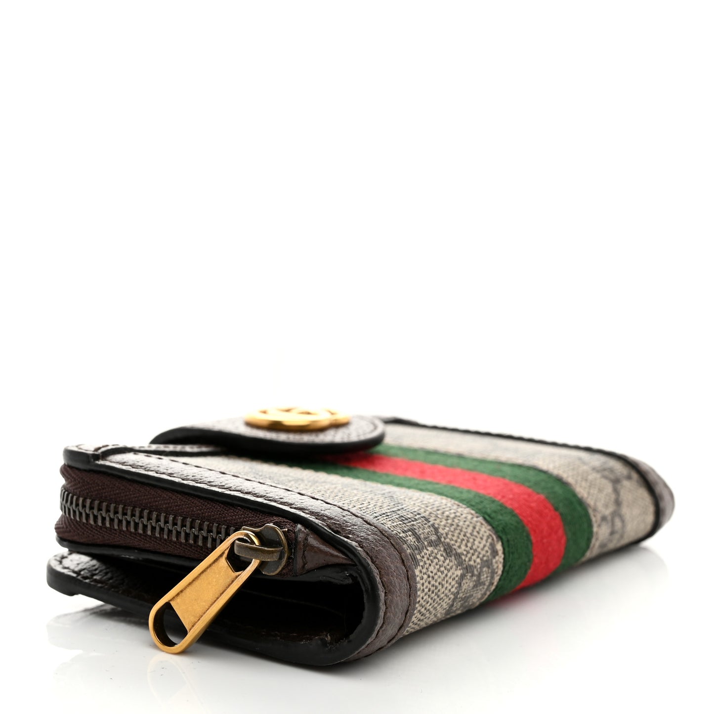 GG Supreme Monogram Textured Dollar Calfskin Web Ophidia Overlay Zip Around Card Case Wallet Beige Ebony New Acero