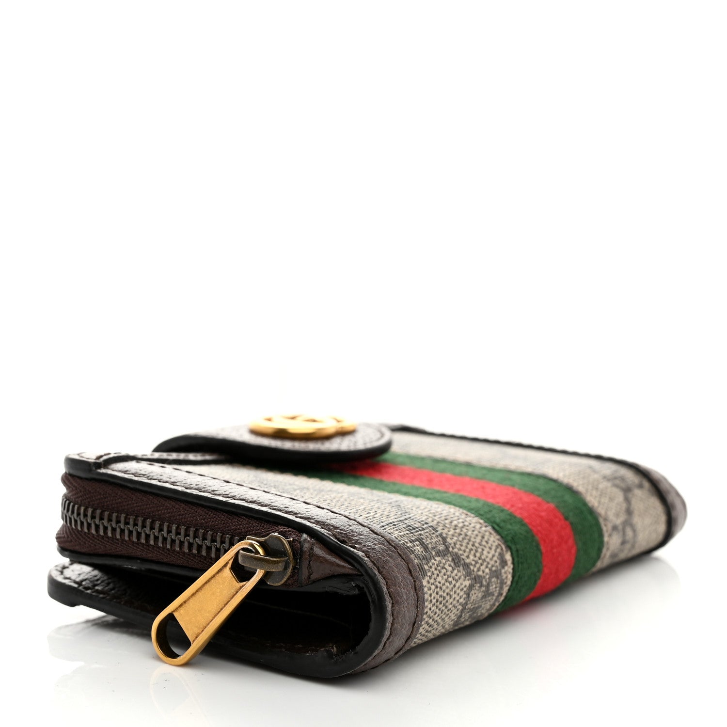 Gucci GG Supreme Monogram Textured Dollar Calfskin Web Ophidia Overlay Zip Around Card Case Wallet Beige Ebony New Acero 4 of 7