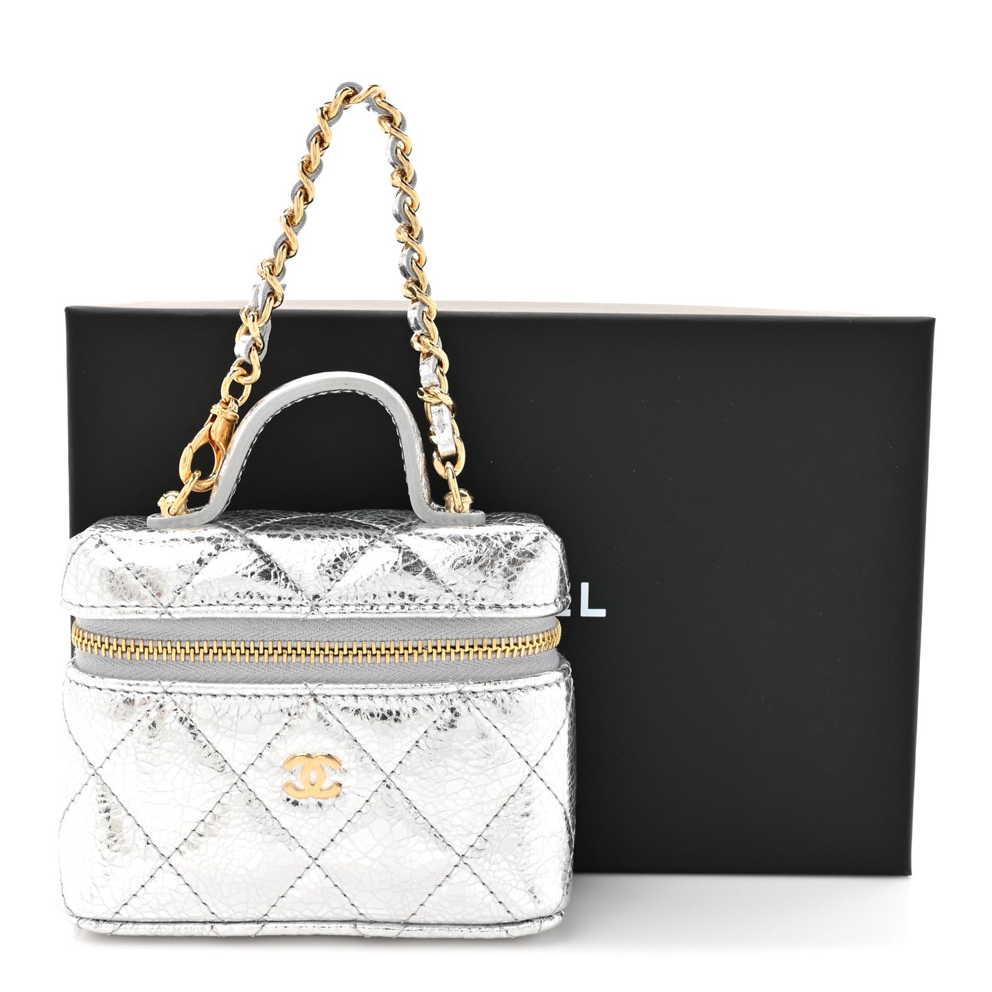 Metallic Calfskin Quilted Mini Vanity Bag Charm With Hook Silver