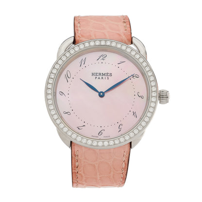 Hermes Stainless Steel Alligator Diamond Bezel Pink Mother of Pearl 38mm Arceau Quartz Watch 1 of 5