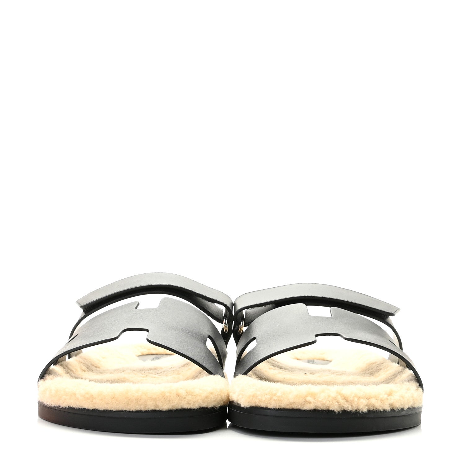 Hermes Veau Indios Woolskin Mens Chypre Sandals 43 Black Ecru 2 of 13