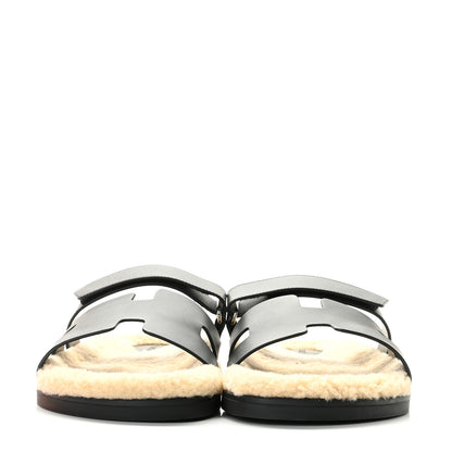 Hermes Veau Indios Woolskin Mens Chypre Sandals 43 Black Ecru 2 of 13
