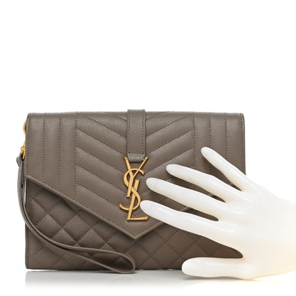 Saint Laurent Grain De Poudre Textured Mixed Matelasse Triquilt Monogram Clutch Dusty Grey 2 of 8