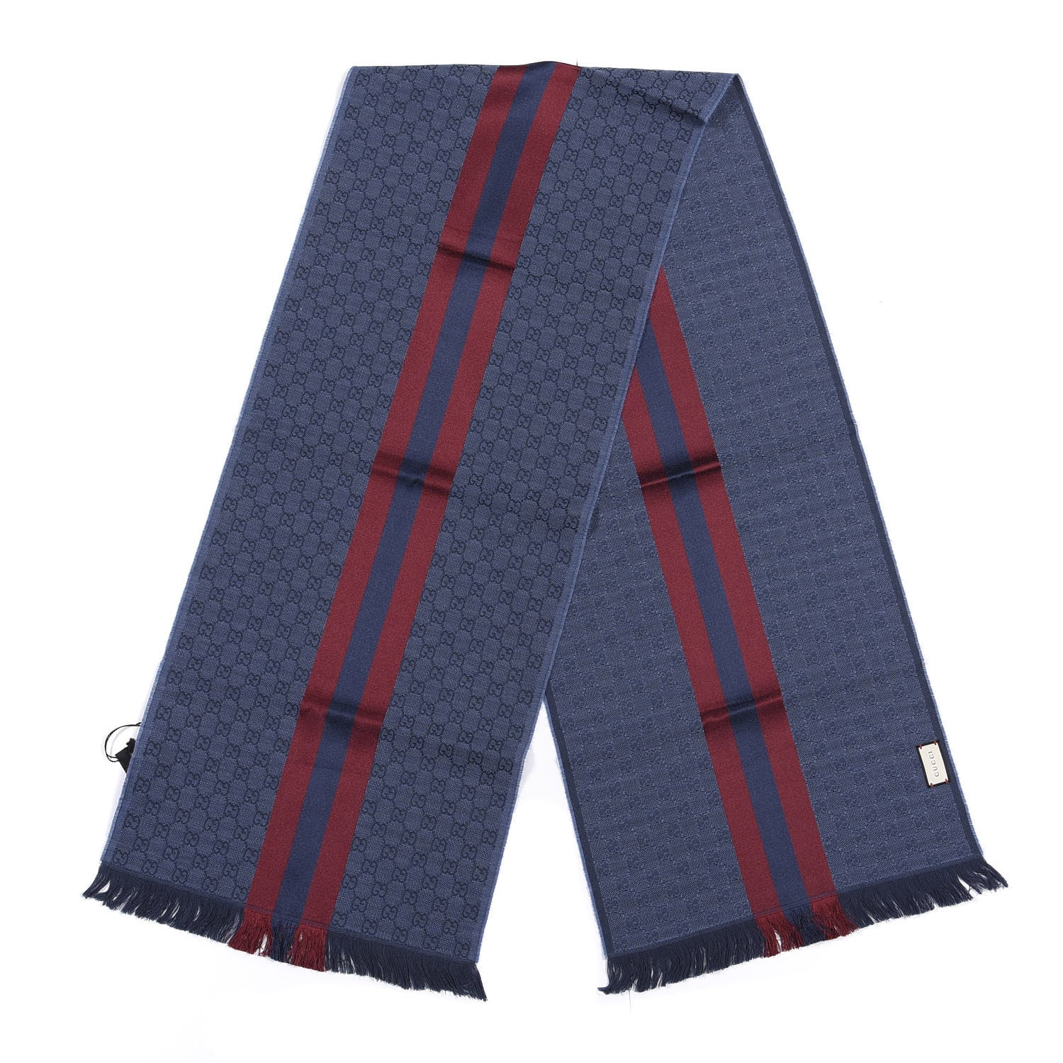 Gucci Wool Silk GG Monogram Web Verbier Fringe Scarf Sapphire Bordeaux 4 of 4