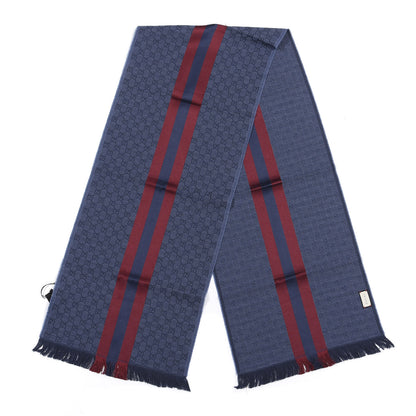 Gucci Wool Silk GG Monogram Web Verbier Fringe Scarf Sapphire Bordeaux 4 of 4