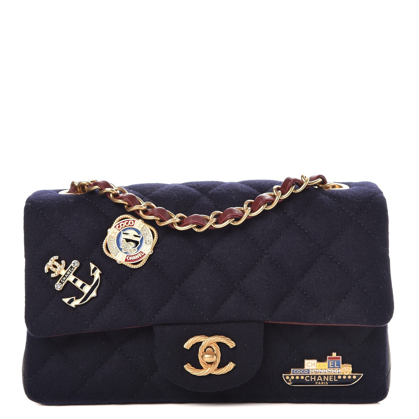 Felt Quilted Paris-Hamburg Charms Mini Rectangular Flap Dark Navy