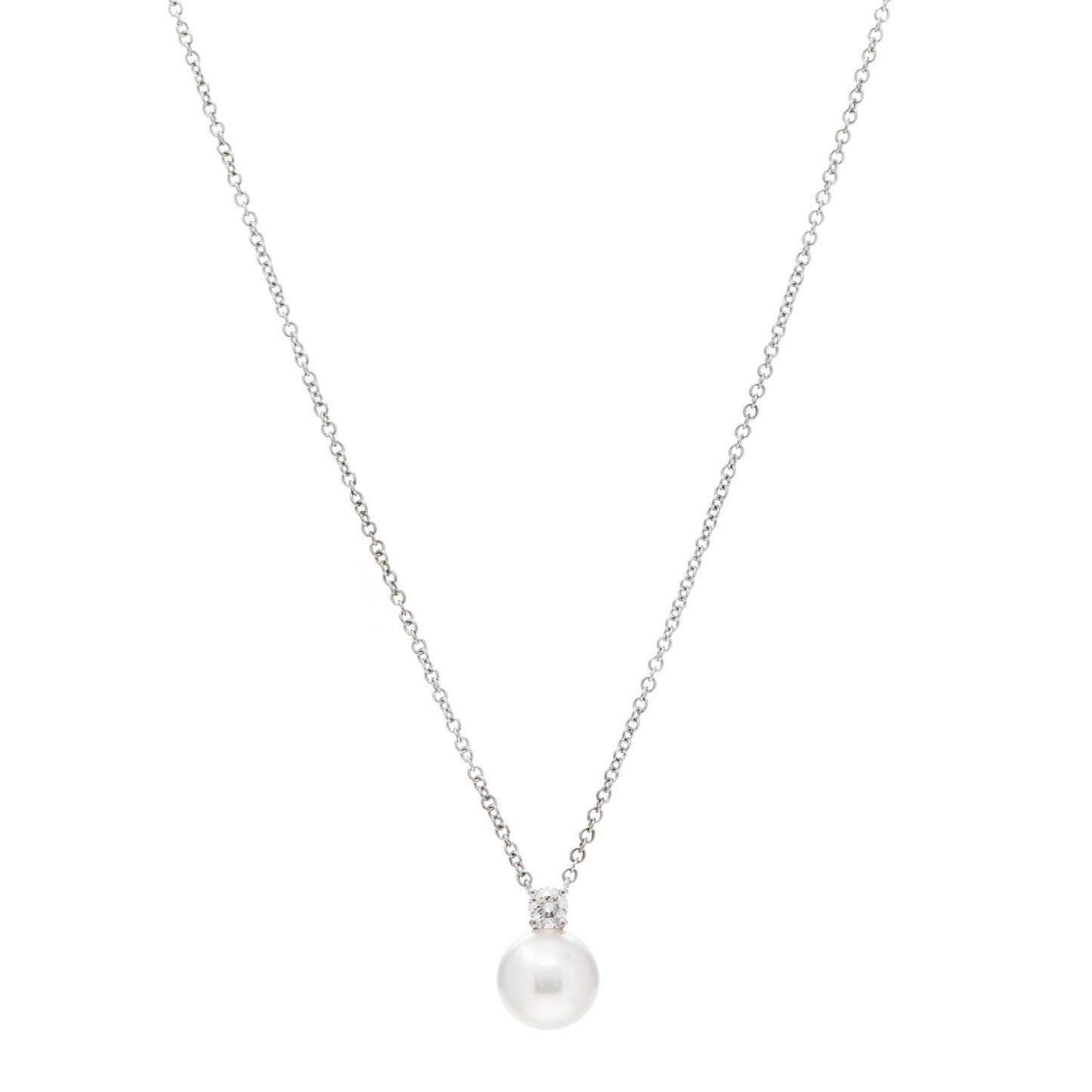 18K White Gold Diamond Akoya Pearl 7.5mm Signature Pendant Necklace